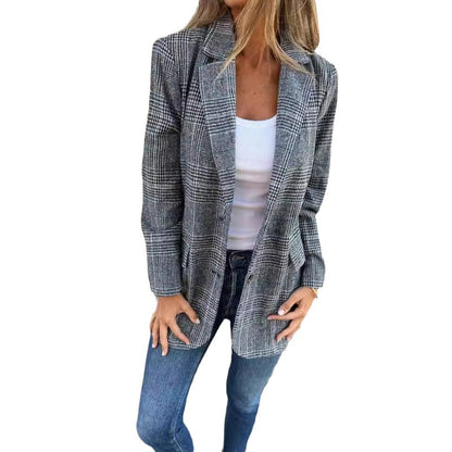 Veste Blazer Femme Rétro à Motif Pied-de-Poule – Mode Décontractée