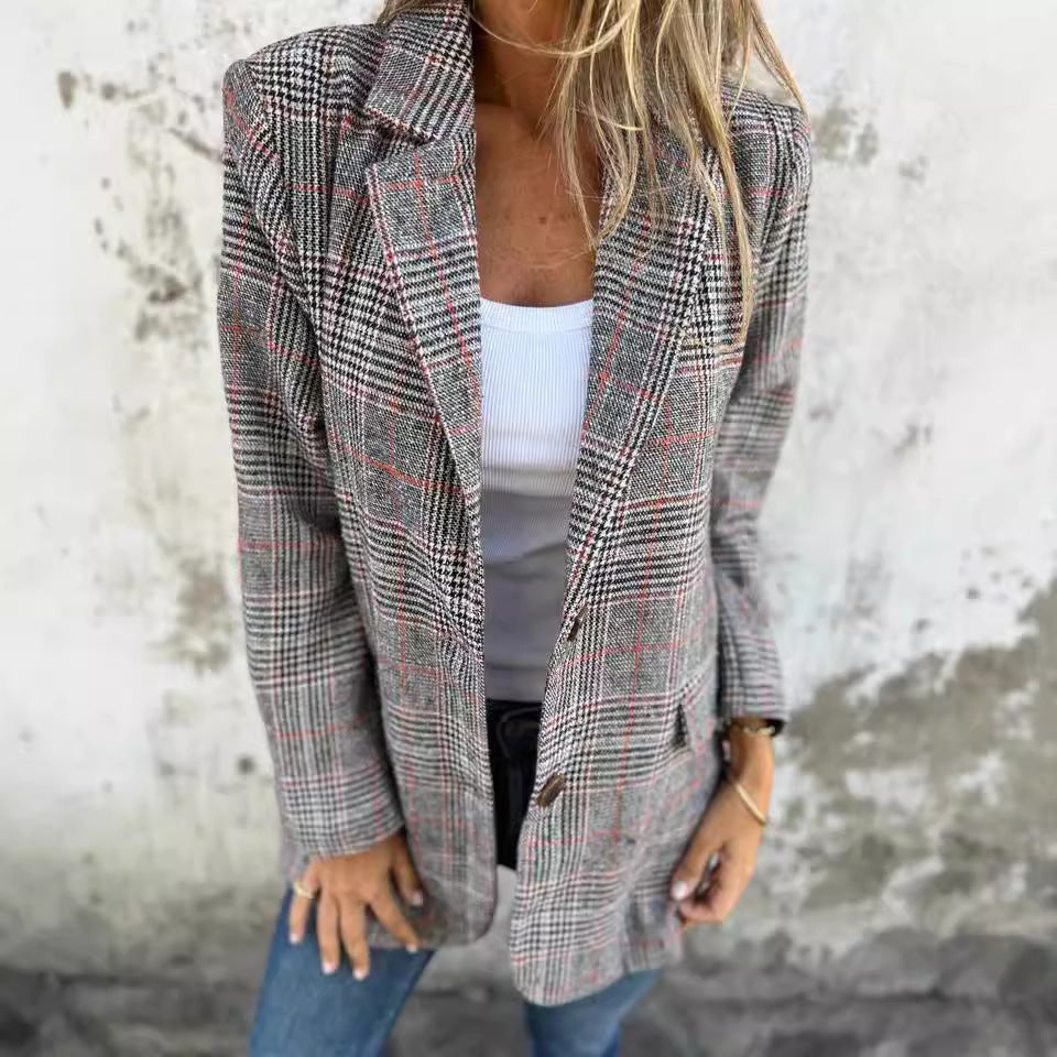 Veste Blazer Femme Rétro à Motif Pied-de-Poule – Mode Décontractée