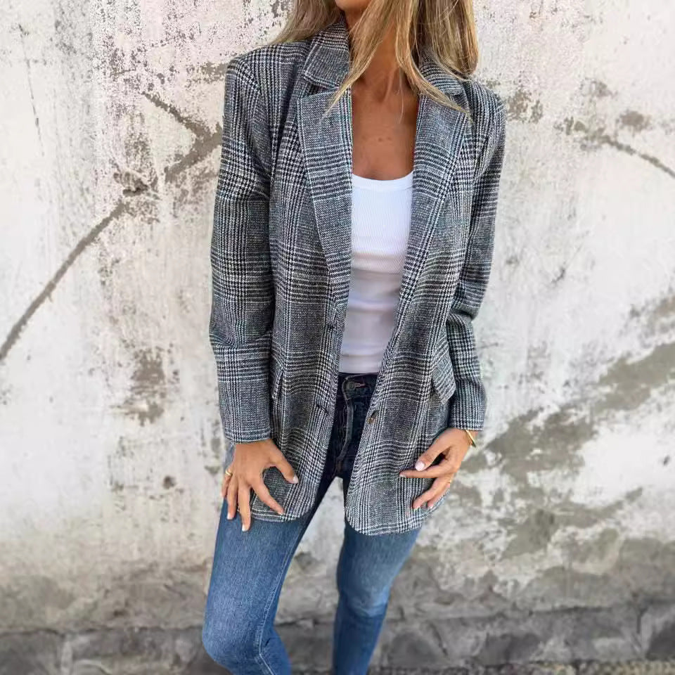 Veste Blazer Femme Rétro à Motif Pied-de-Poule – Mode Décontractée