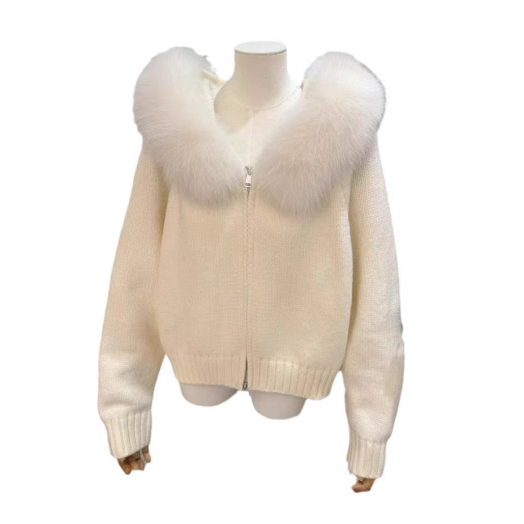 Cardigan à Capuche Femme avec Col en Fourrure