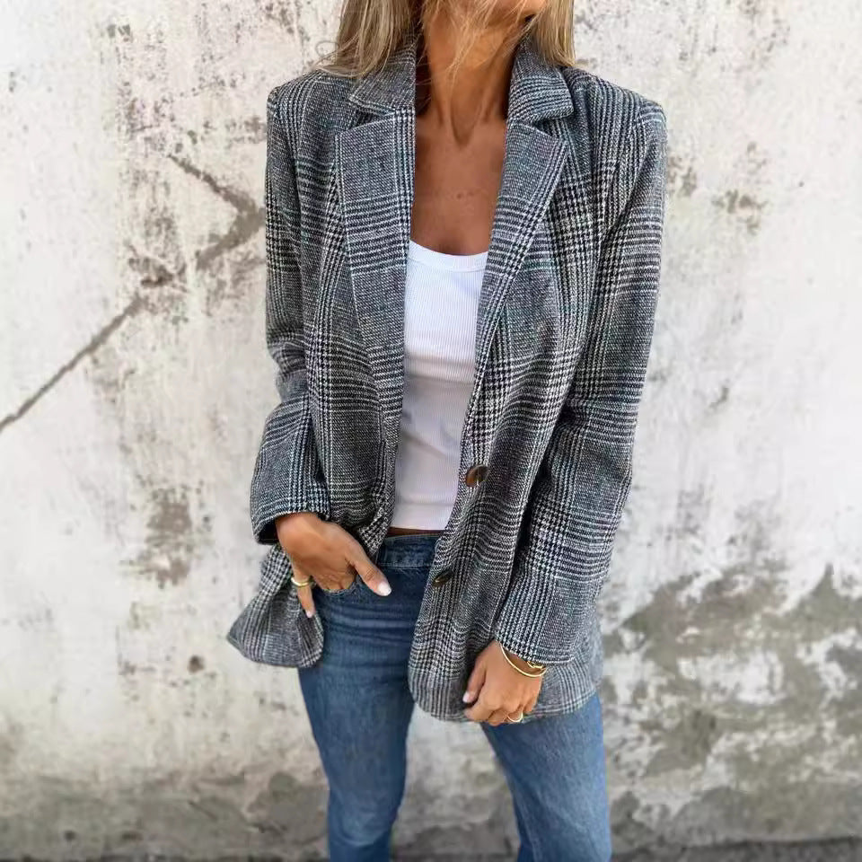 Veste Blazer Femme Rétro à Motif Pied-de-Poule – Mode Décontractée