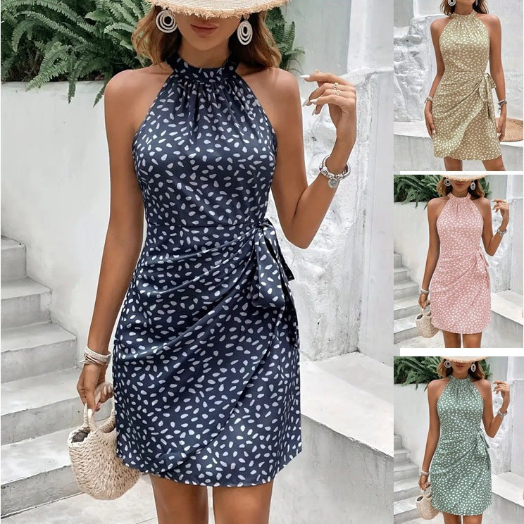 Robe d'été à imprimé pois avec col halter et taille nouée