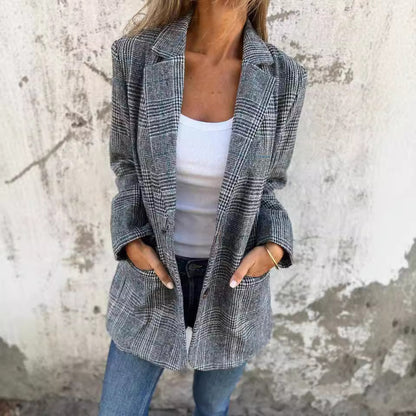 Veste Blazer Femme Rétro à Motif Pied-de-Poule – Mode Décontractée